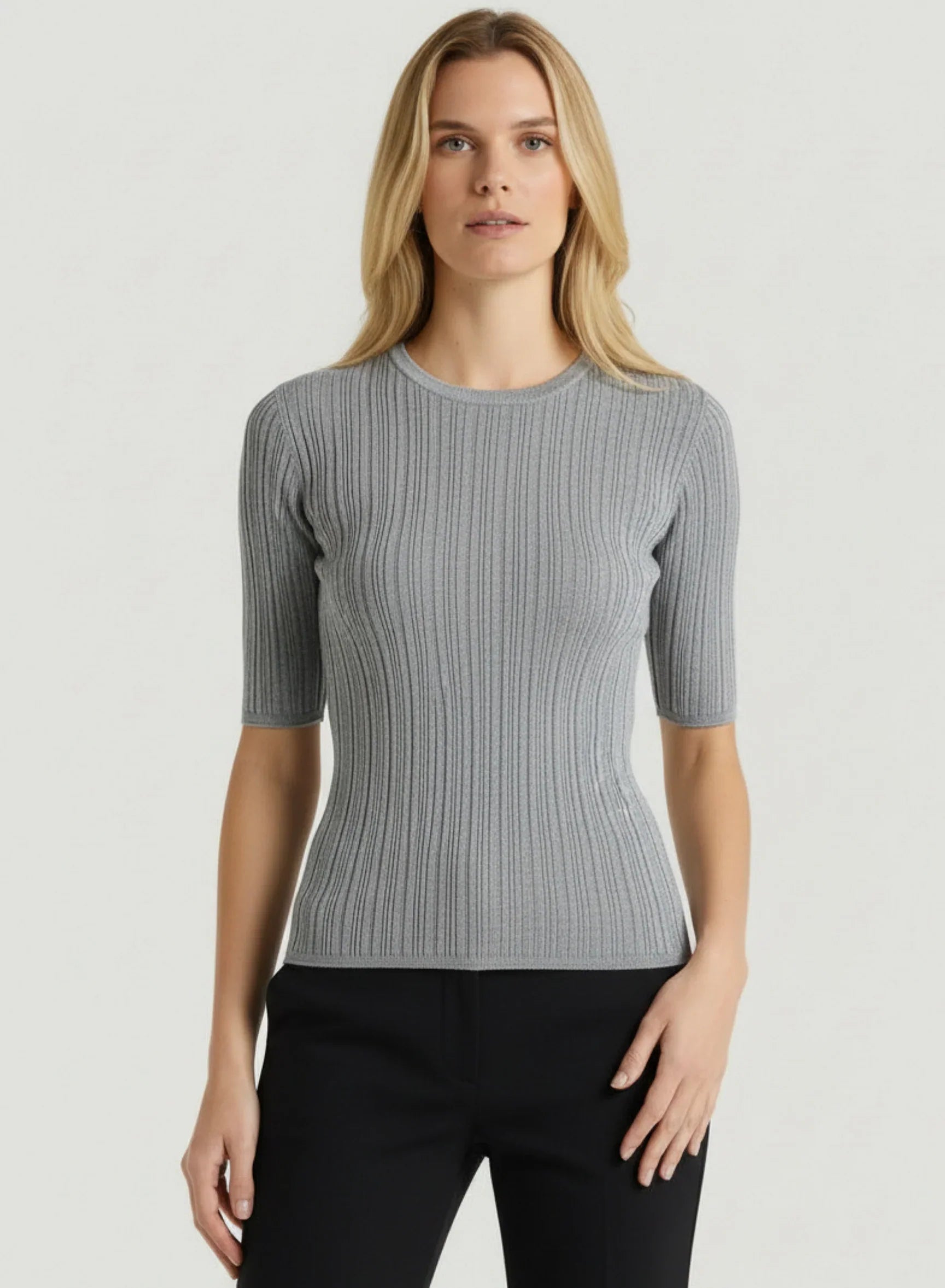 Metallic Micro Rib Knit Elbow Sleeve Crewneck - CREW ELBOW SLV - Majestic Filatures North America