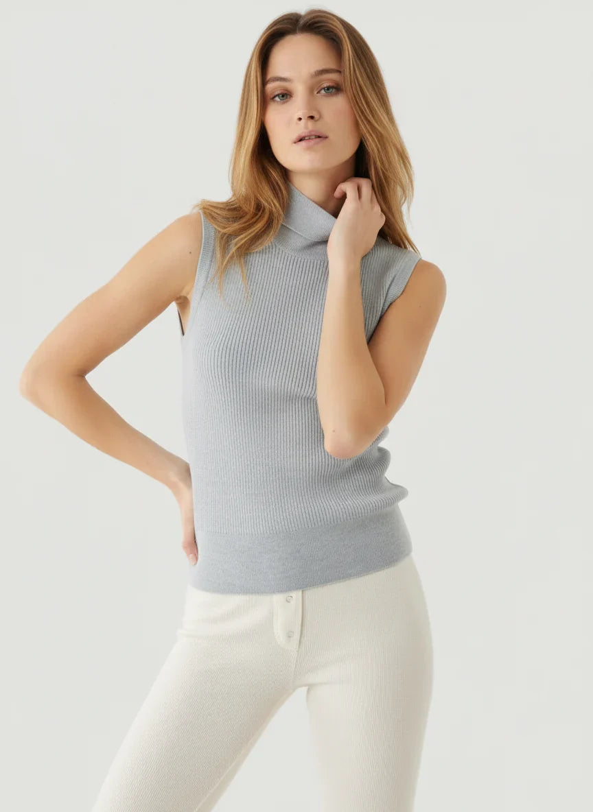 Merino Micro Rib Knit Sleeveless Mock Neck - MOCK NECK ELBOW SLEEVE - Majestic Filatures North America