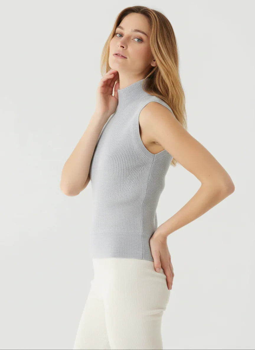 Merino Micro Rib Knit Sleeveless Mock Neck - MOCK NECK ELBOW SLEEVE - Majestic Filatures North America