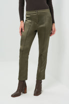 Front view of straight-leg satin olive green pants with button closures.
