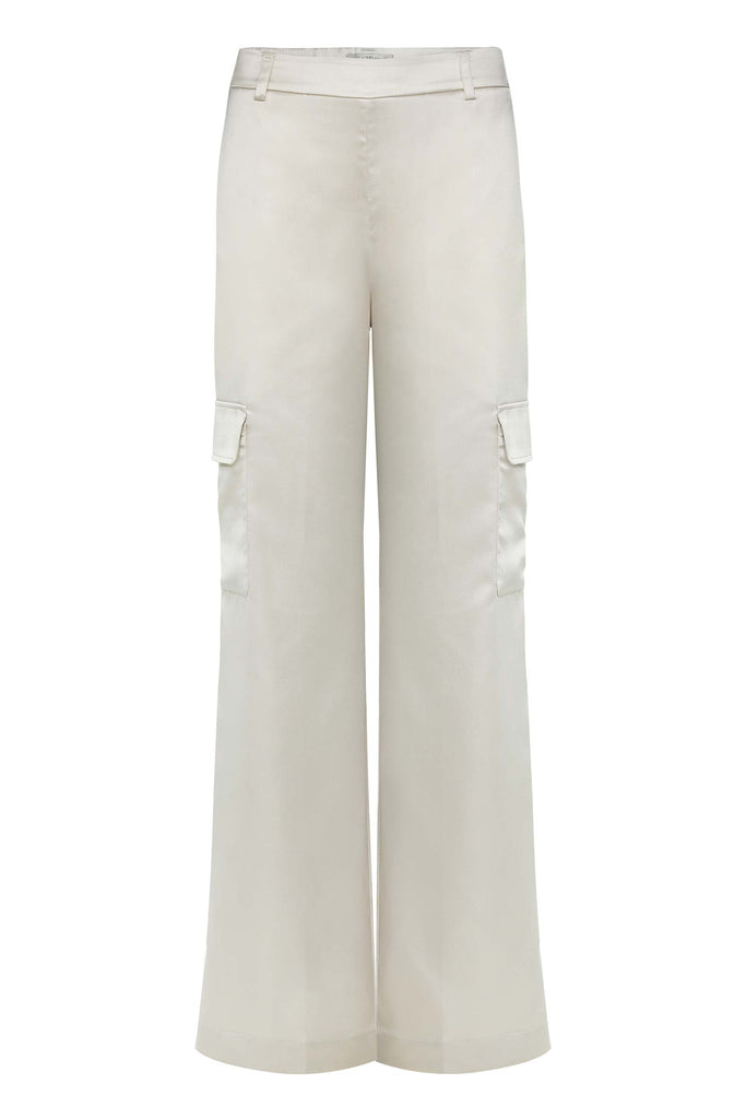 The Best Travel Pant. Flat Lay of a Candela Satin Pant in Stone.