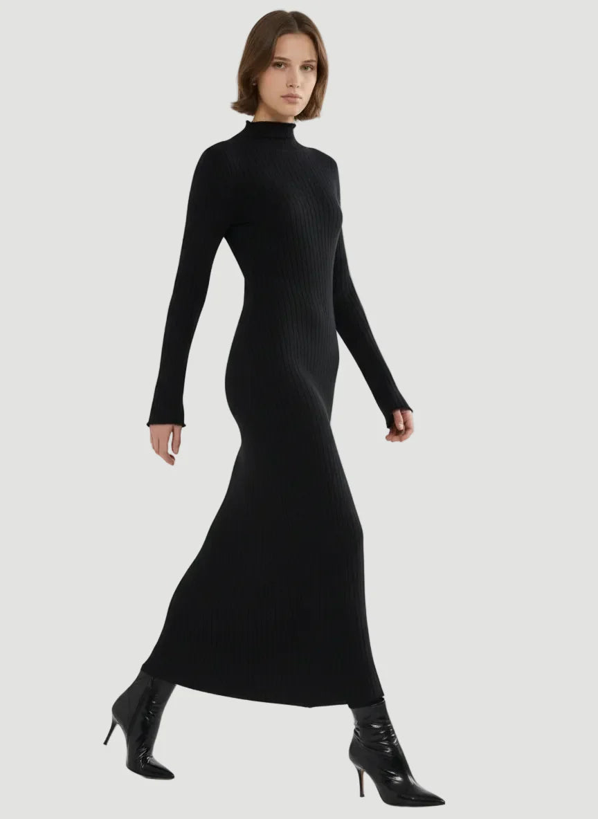 Stretch Organic Cotton Metallic Long Sleeve Mock Neck Midi Dress - DRESS - Majestic Filatures North America