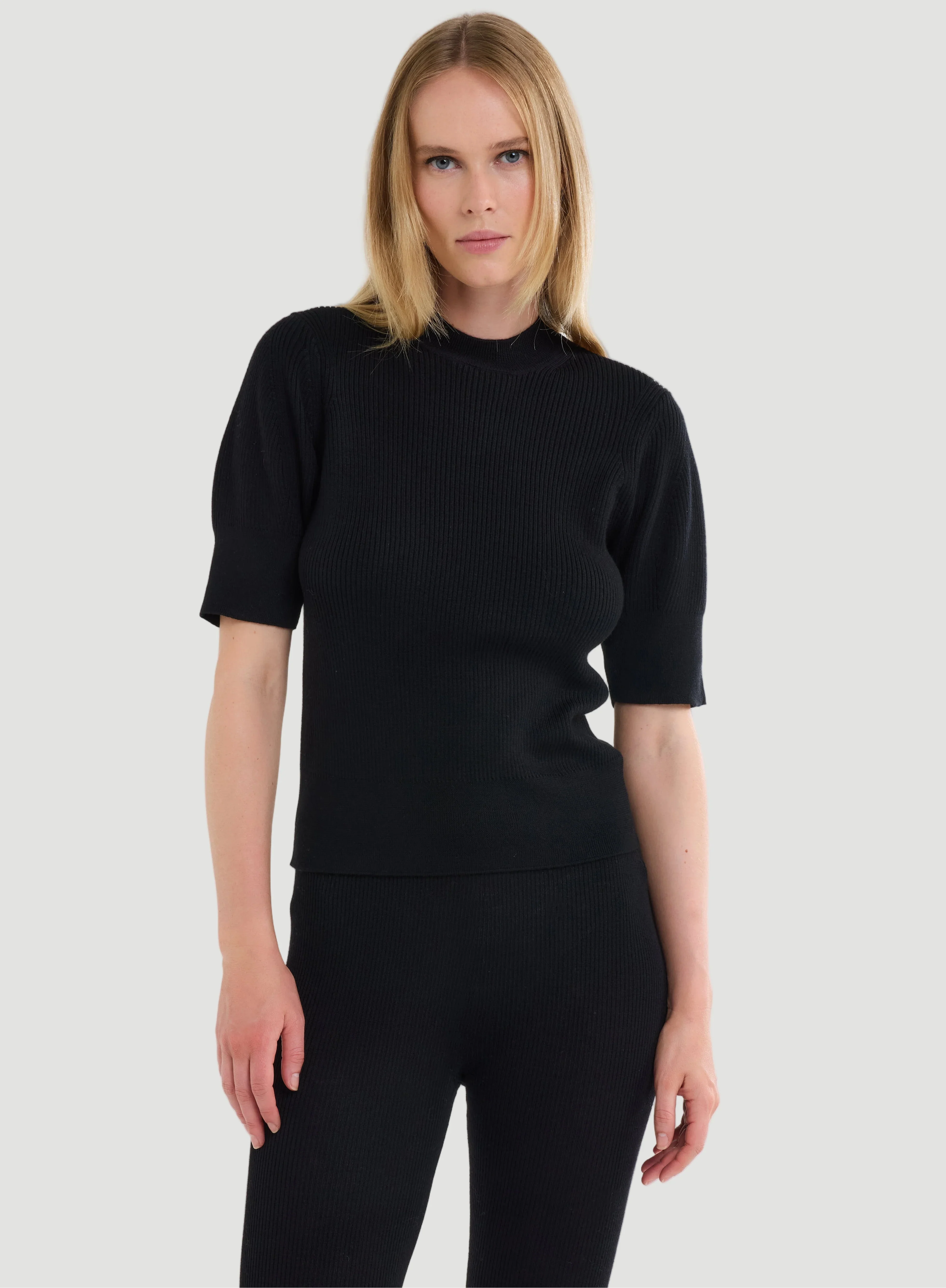 Merino Micro Rib Knit Elbow Sleeve Sleeve Sweater - MOCK NECK ELBOW SLEEVE - Majestic Filatures North America