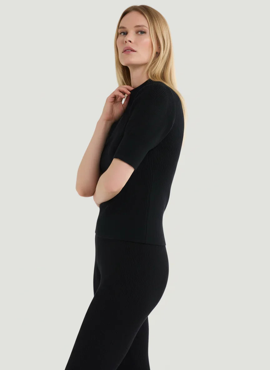 Merino Micro Rib Knit Elbow Sleeve Sleeve Sweater - MOCK NECK ELBOW SLEEVE - Majestic Filatures North America