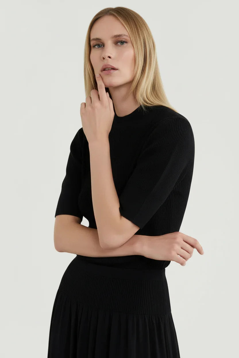 Merino Micro Rib Knit Elbow Sleeve Sleeve Sweater - MOCK NECK ELBOW SLEEVE - Majestic Filatures North America