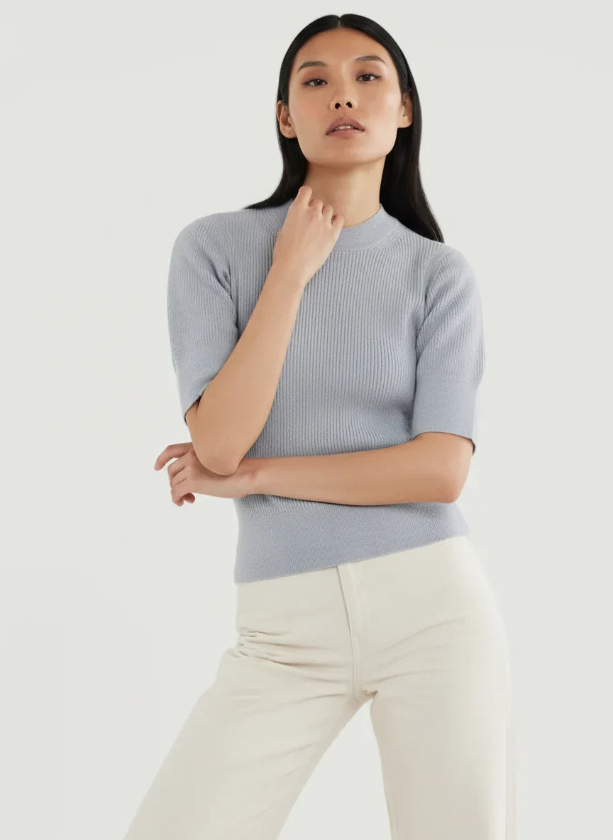 Merino Micro Rib Knit Elbow Sleeve Sleeve Sweater - MOCK NECK ELBOW SLEEVE - Majestic Filatures North America