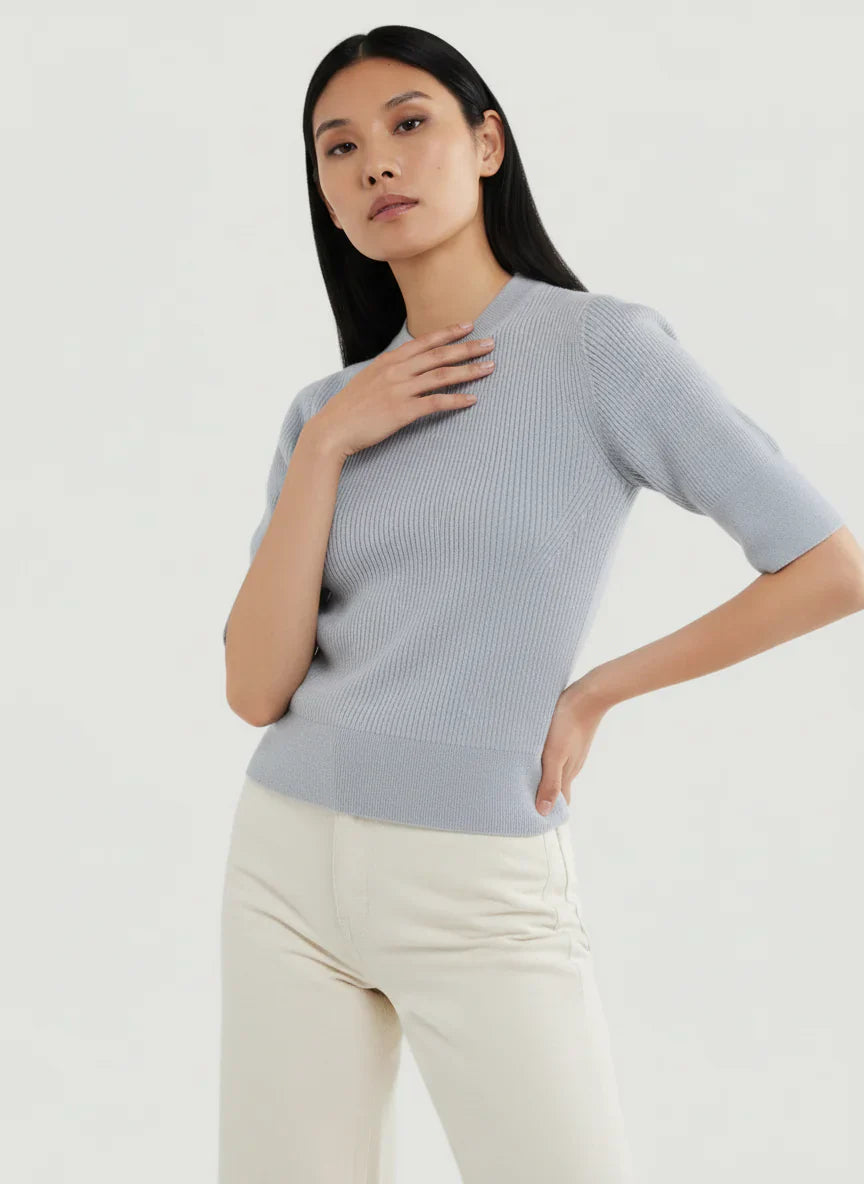 Merino Micro Rib Knit Elbow Sleeve Sleeve Sweater - MOCK NECK ELBOW SLEEVE - Majestic Filatures North America