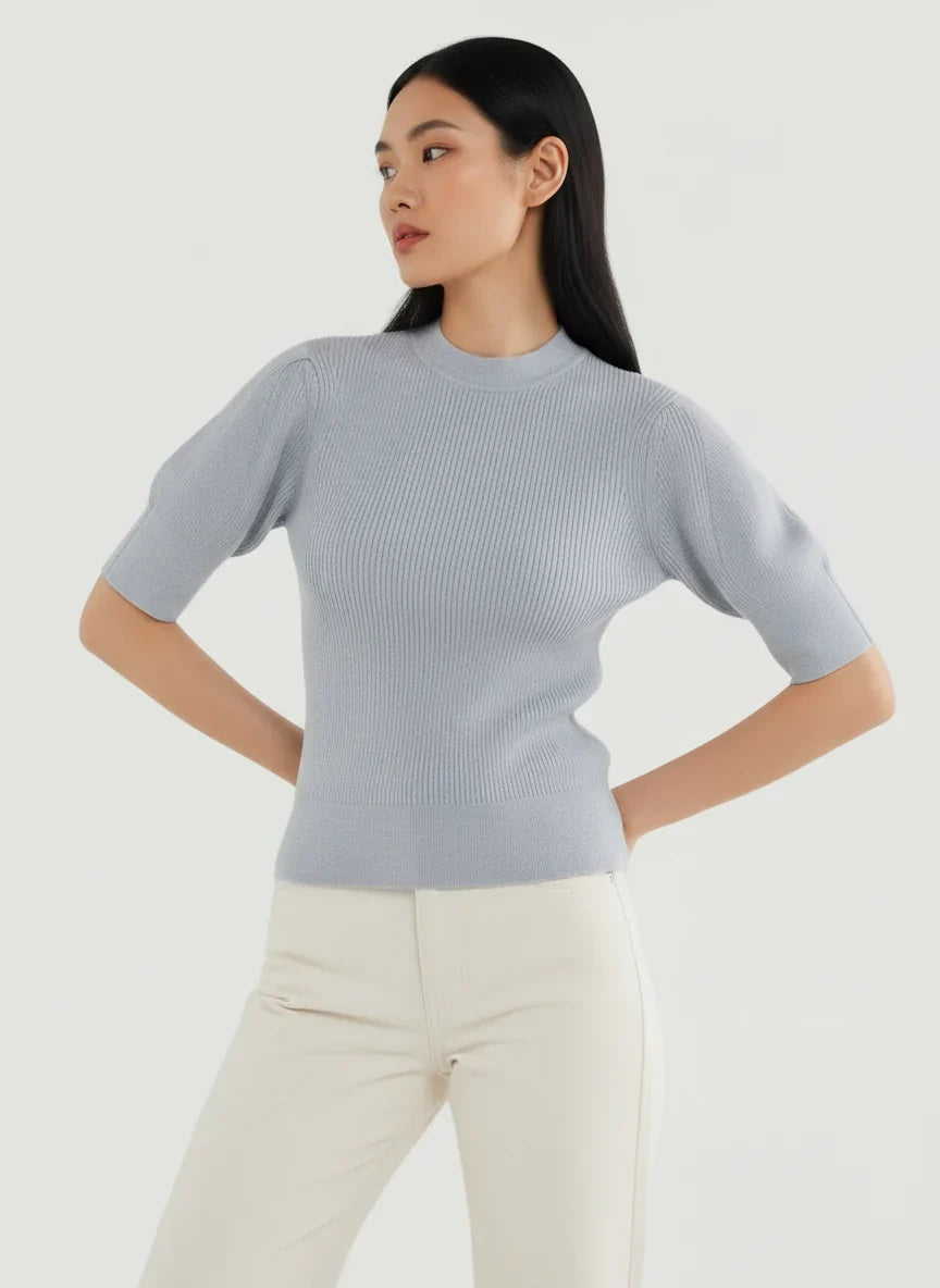 Merino Micro Rib Knit Elbow Sleeve Sleeve Sweater - MOCK NECK ELBOW SLEEVE - Majestic Filatures North America