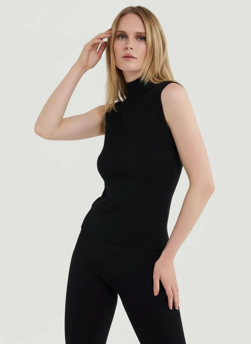 Merino Micro Rib Knit Sleeveless Mock Neck - MOCK NECK ELBOW SLEEVE - Majestic Filatures North America