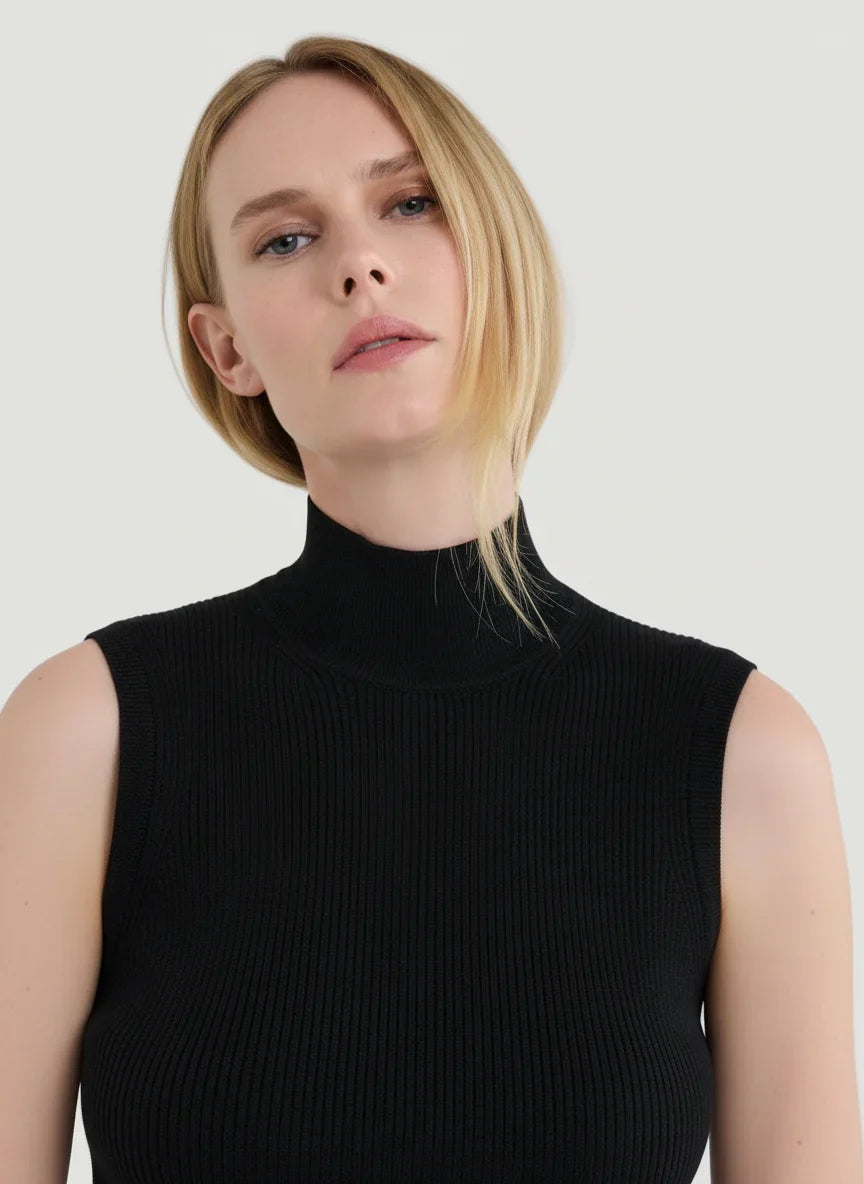 Merino Micro Rib Knit Sleeveless Mock Neck - MOCK NECK ELBOW SLEEVE - Majestic Filatures North America