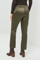 Back view of olive green straight-leg satin pants.