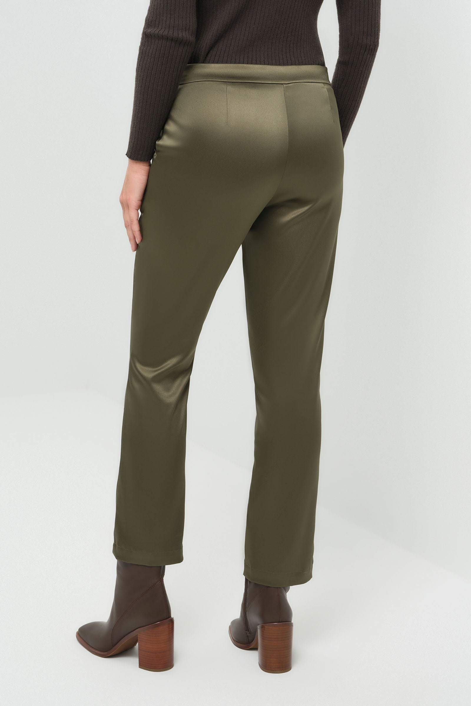 Back view of olive green straight-leg satin pants.