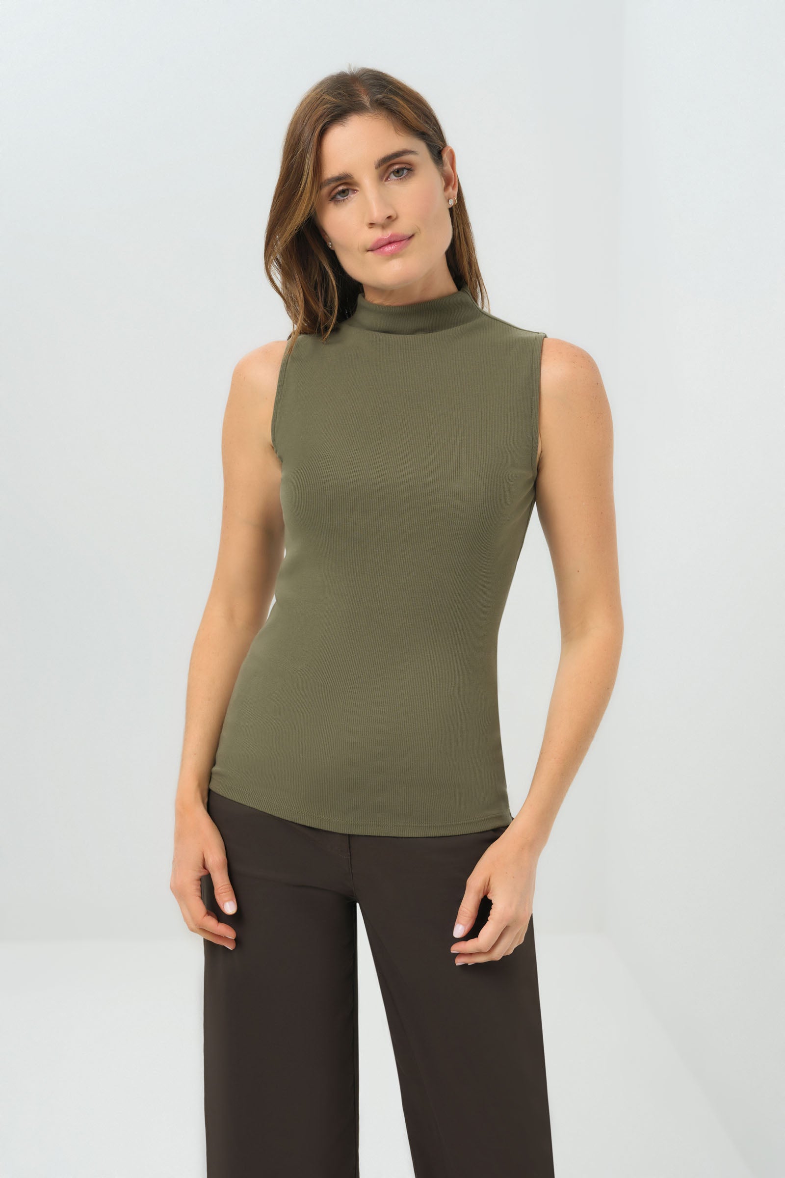 Front view of olive short sleeveless mock neck top