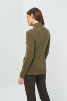 Back view of olive green jacket with knitted  backs and sleeves.