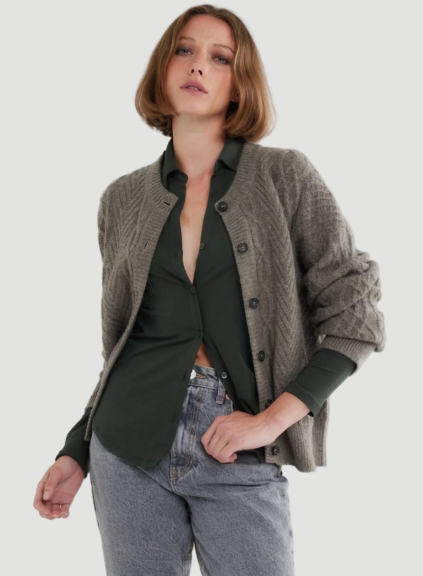 Novelty Wool Long Sleeve Cable Crewneck Cardigan - CARDIGAN - Majestic Filatures North America