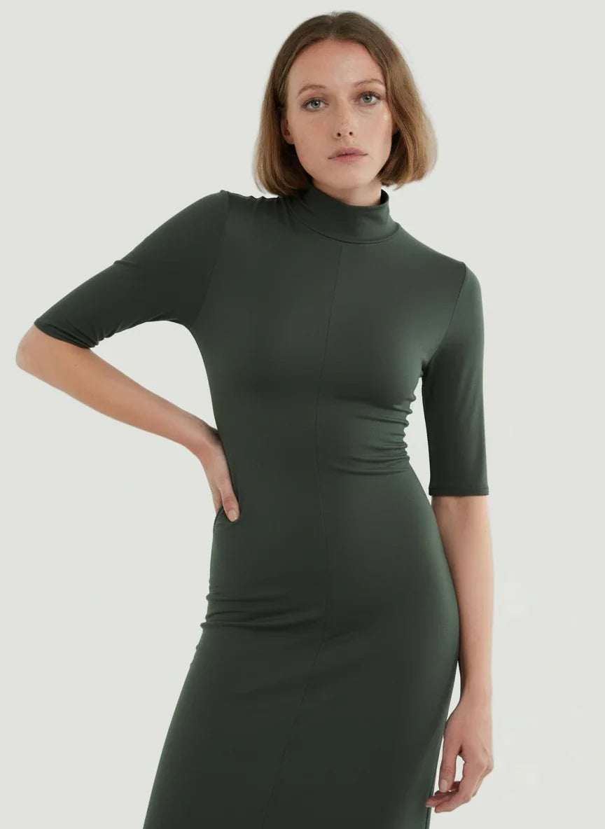 Soft Touch Elbow Sleeve Mock Neck Midi Dress - DRESS - Majestic Filatures North America