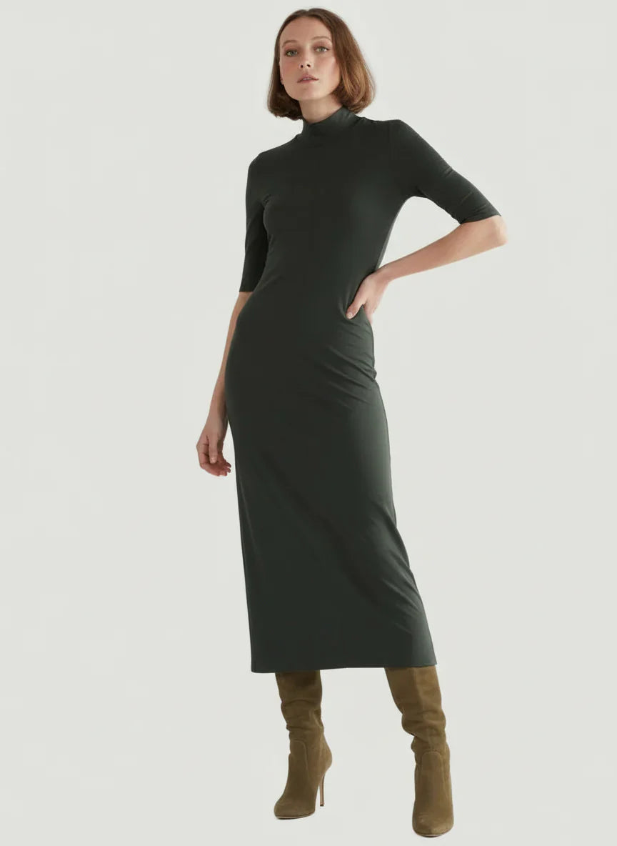 Soft Touch Elbow Sleeve Mock Neck Midi Dress - DRESS - Majestic Filatures North America