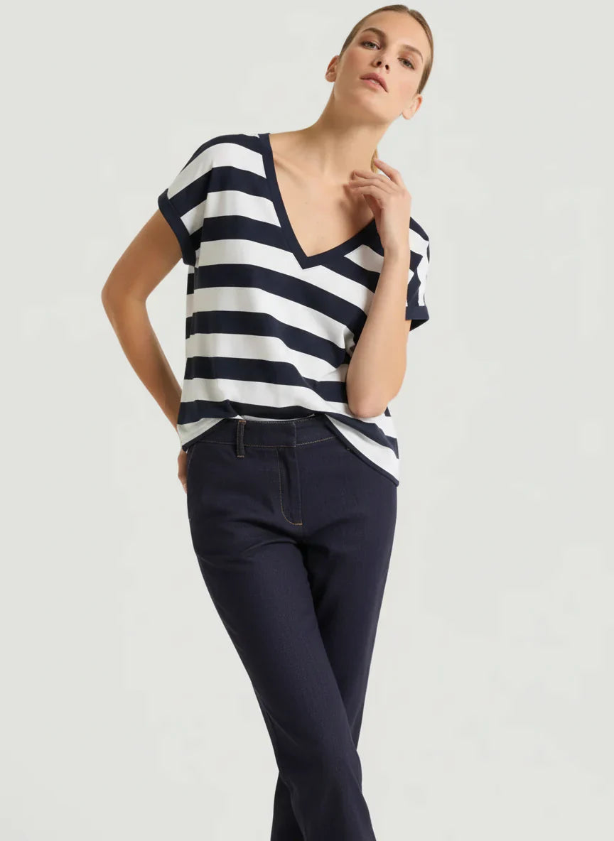 Cotton 'Silk Touch' Stripe Short Sleeve Semi-Relaxed V-Neck T-Shirt - V NECK S/S - Majestic Filatures North America