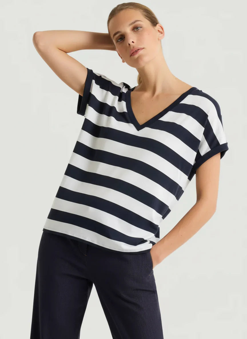 Cotton 'Silk Touch' Stripe Short Sleeve Semi-Relaxed V-Neck T-Shirt - V NECK S/S - Majestic Filatures North America