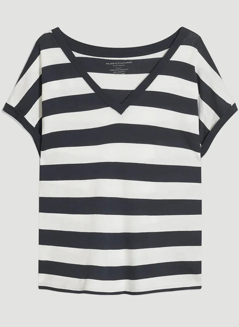 Cotton 'Silk Touch' Stripe Short Sleeve Semi-Relaxed V-Neck T-Shirt - V NECK S/S - Majestic Filatures North America