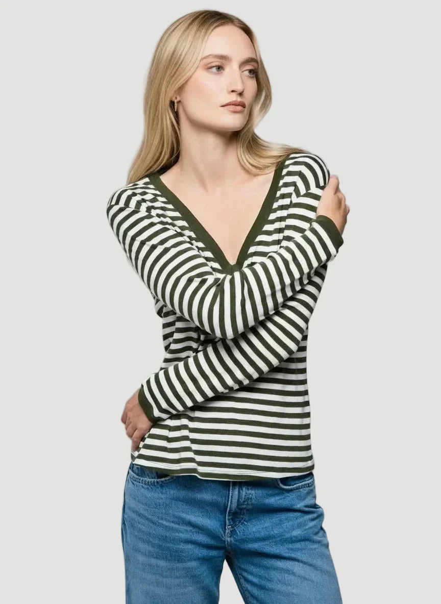 Deluxe Cotton Stripe Long Sleeve V-Neck T-Shirt - CREW L/S - Majestic Filatures North America