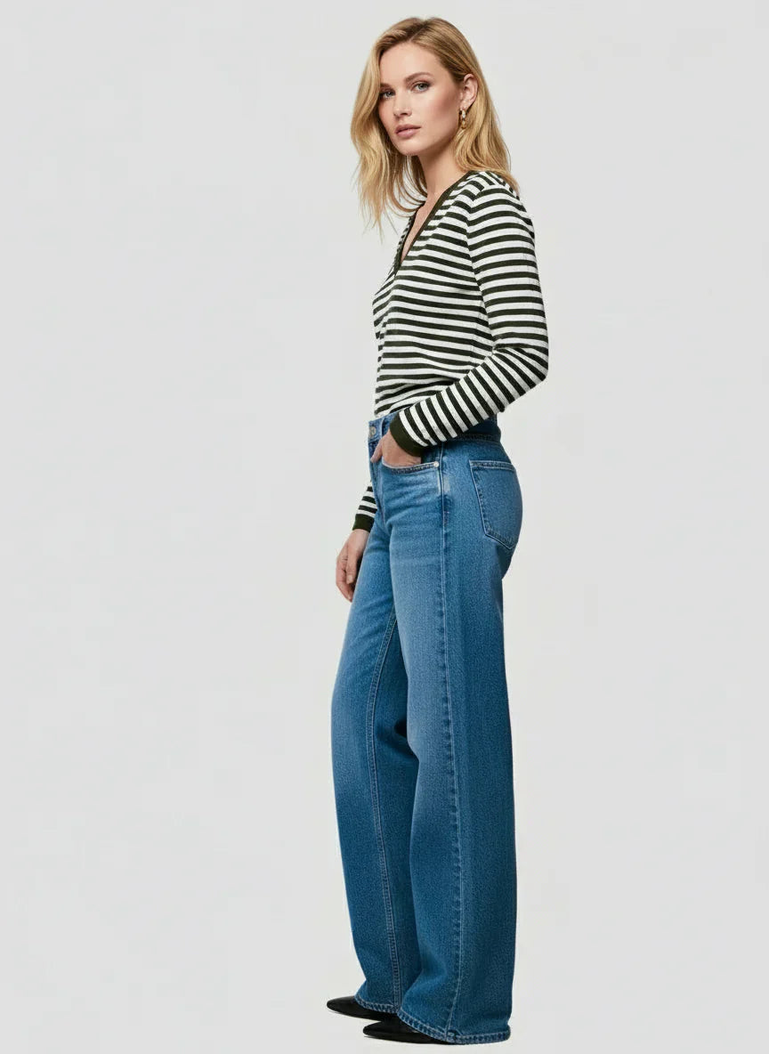 Deluxe Cotton Stripe Long Sleeve V-Neck T-Shirt - CREW L/S - Majestic Filatures North America