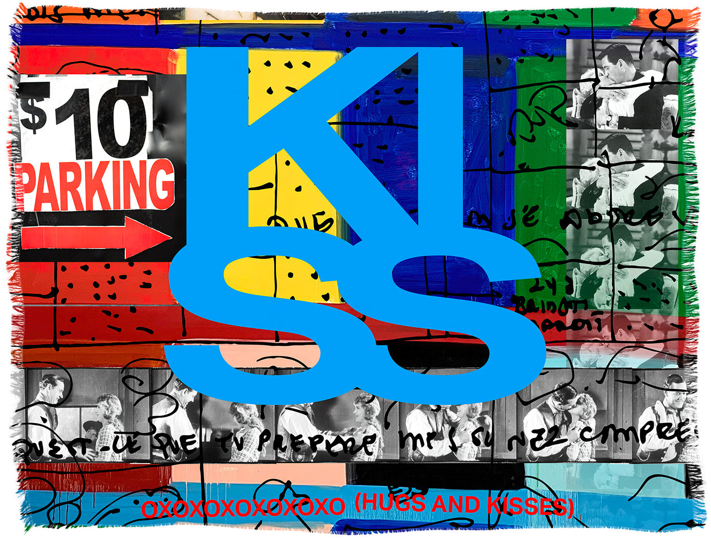 Kim Kiss Kiss by SUZI ROHER is a vibrant collage featuring a bold blue KISS, inspired by an Italian-made scarf, with abstract shapes, $10 parking signs, handwritten text, black-and-white photos, and OXOXOXOXOXO at the bottom.