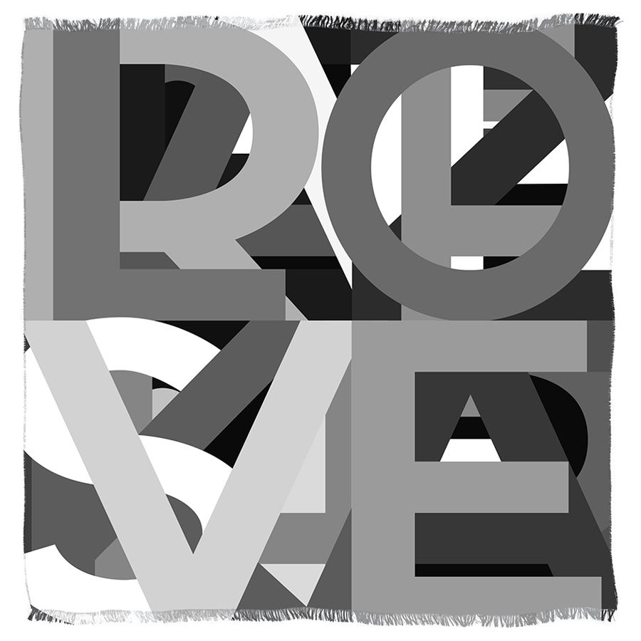 The Electric Love- B&W woven blanket by SUZI ROHER features bold, overlapping gray block letters spelling “LOVE” in a modern font—a cozy take on BØRNS’ "Electric Love.