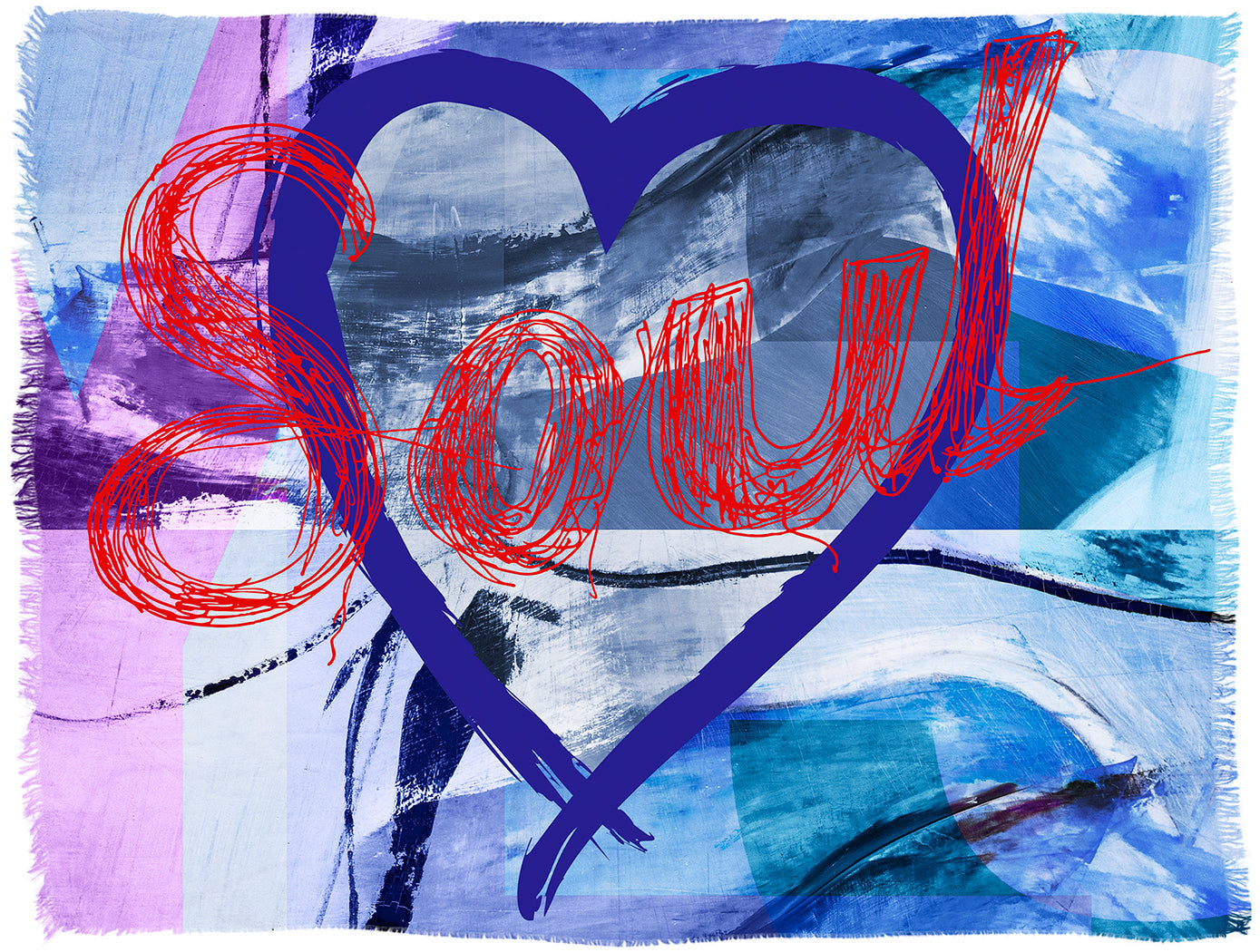 Kim Soul by SUZI ROHER features bold blue, purple, and turquoise brushstrokes with a large rough blue heart outlined at the center and “Soul” in red script—an inspiring design for this Italian-made modal silk scarf.
