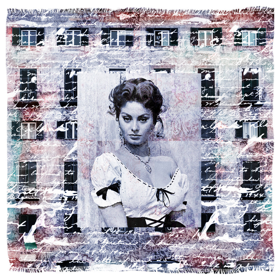 A collage titled "The Notorious Landlady" by SUZI ROHER features a vintage portrait of a woman in historical attire, reminiscent of Italian stars like Sophia Loren, with layered windows, handwritten script, and Classic Hollywood-inspired colors.