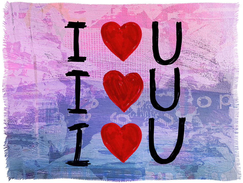 The Kim I Love U modal silk scarf by SUZI ROHER, made in Italy, features "I ♥ U" text art with red hearts on a pink and purple textured background. It measures 145 cm x 110 cm.