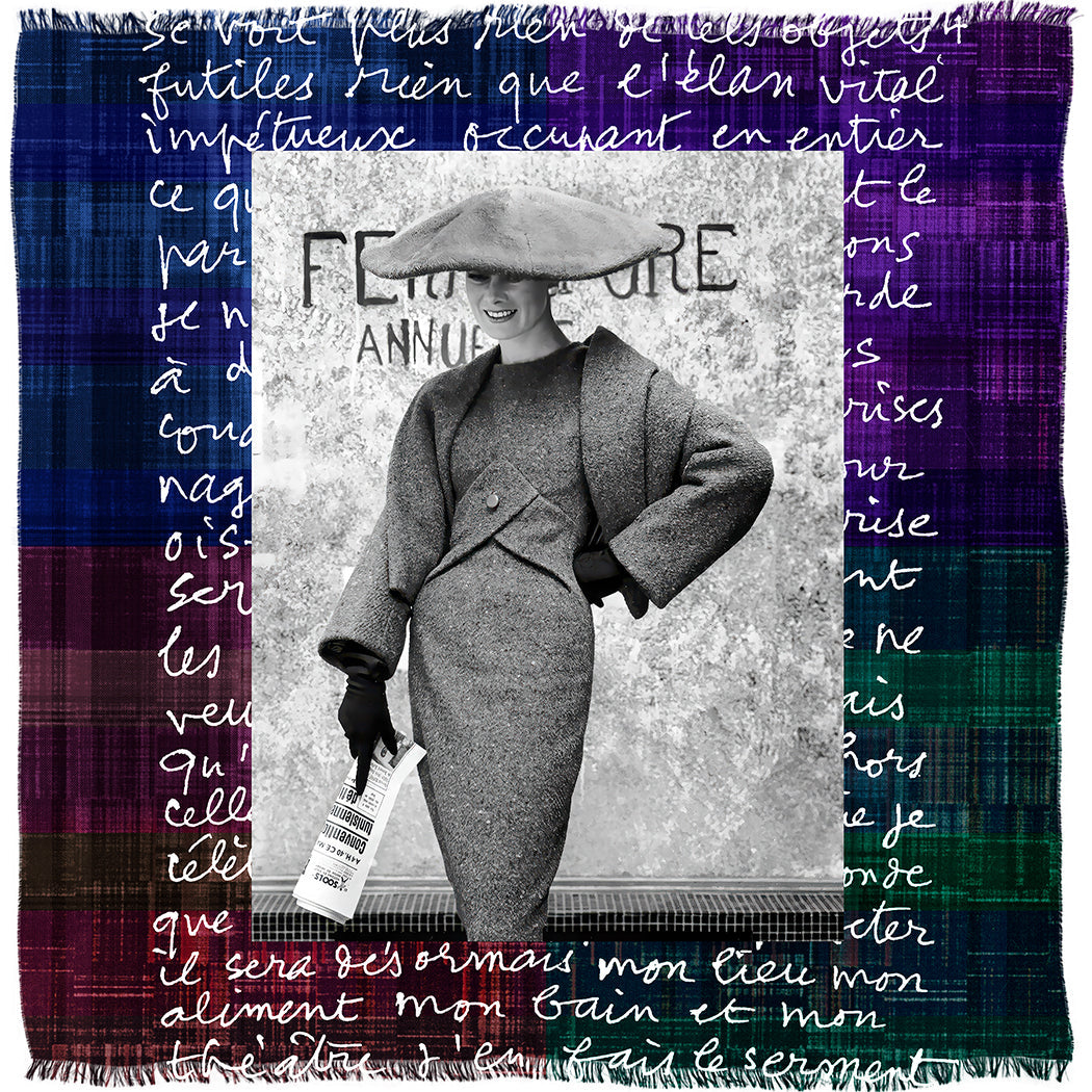A scarf with a vintage fashion illustration of a woman in a gray outfit, surrounded by colorful plaid patterns and text.