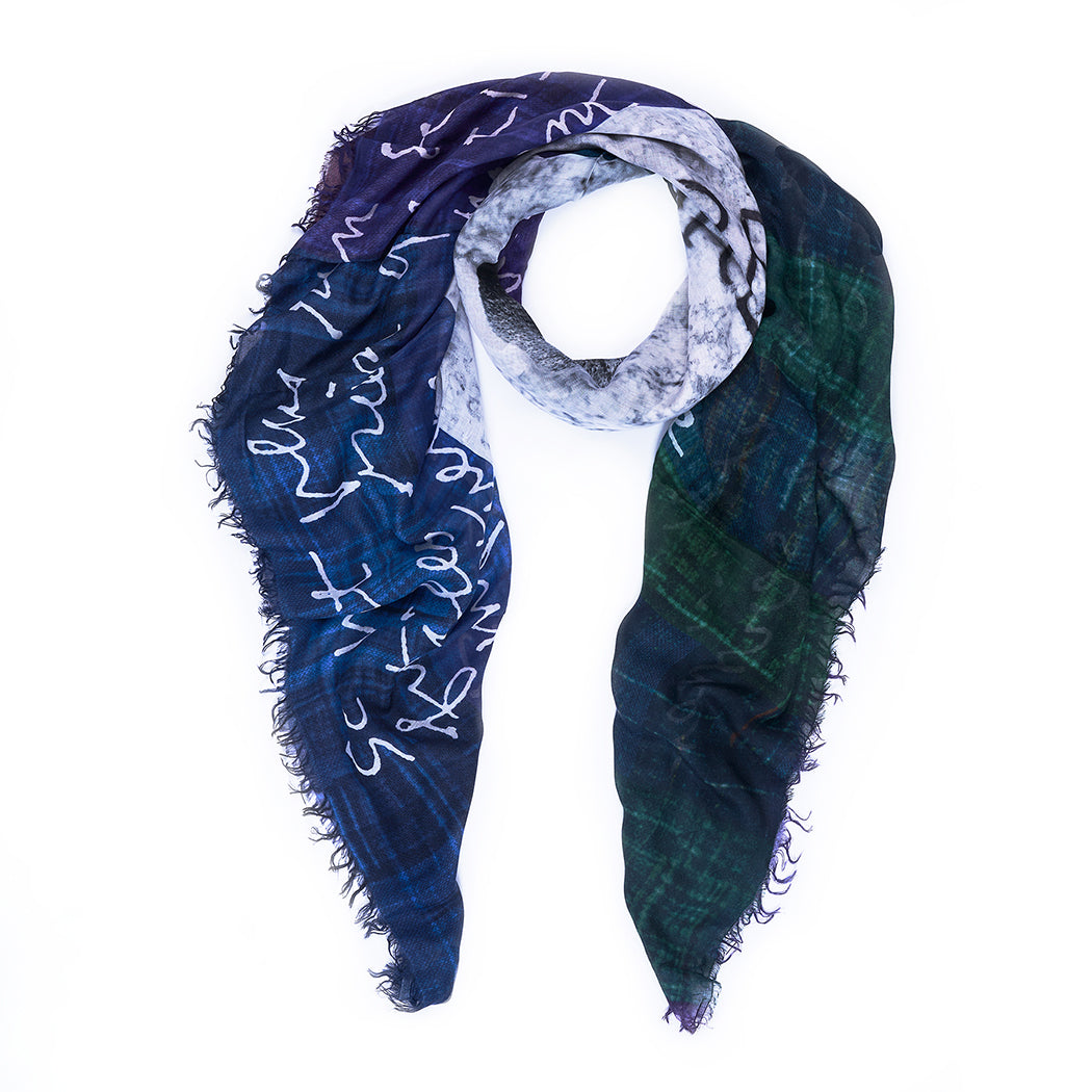 One scarves, one side blue and white pattern and the other with green plaid, on a white background. A SUZI ROHER original work of Art