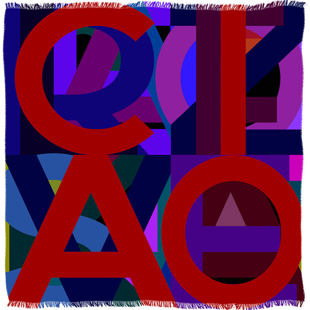 The SUZI ROHER "CIAO" scarf features large, bold letters spelling CIAO on a vibrant geometric background in blue, purple, and green with fringed edges.