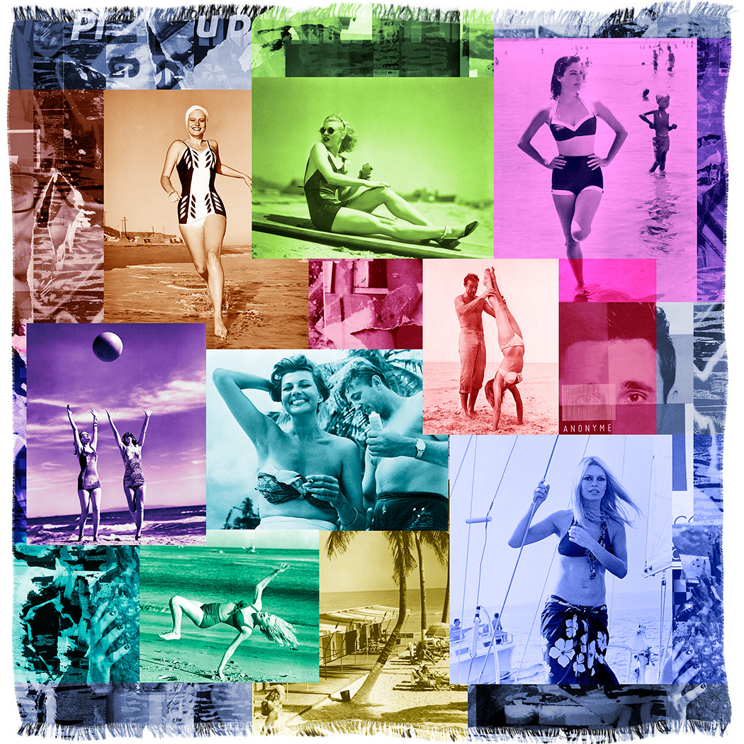 The "Life Is A Beach" scarf by SUZI ROHER showcases a vibrant collage of vintage beach photos—men and women in swimsuits relaxing along palm-fringed shores—evoking a Marilyn Monroe vibe on luxurious modal silk.