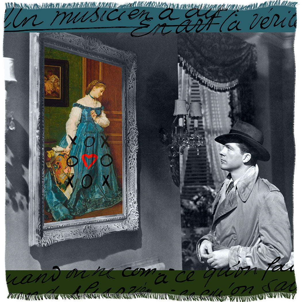 A black-and-white photo features a person in a trench coat and hat, draped in a SUZI ROHER Red Heart scarf, gazing at a painting. Overlaid are "XOXO" and a red heart with script text framing the evocative image.
