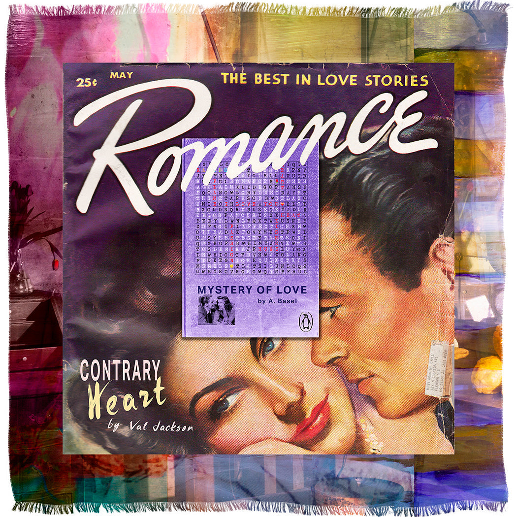 A vintage-style SUZI ROHER magazine cover, Romance, shows a man and woman gazing at each other. The woman wears a romantic scarf, overlaid by a purple Mystery of Love book cover, all framed with a colorful border.