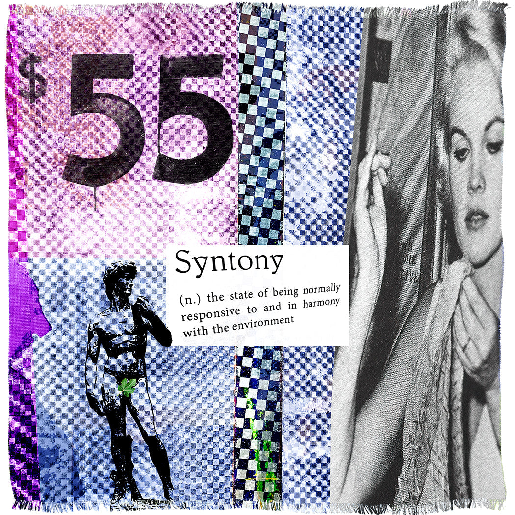 The SUZI ROHER "Syntony" mixed media collage showcases a large $55, a black-and-white woman’s photo, a man’s statue, patterns, and the harmony-themed "synton" definition—like their modal silk scarf made in Italy.