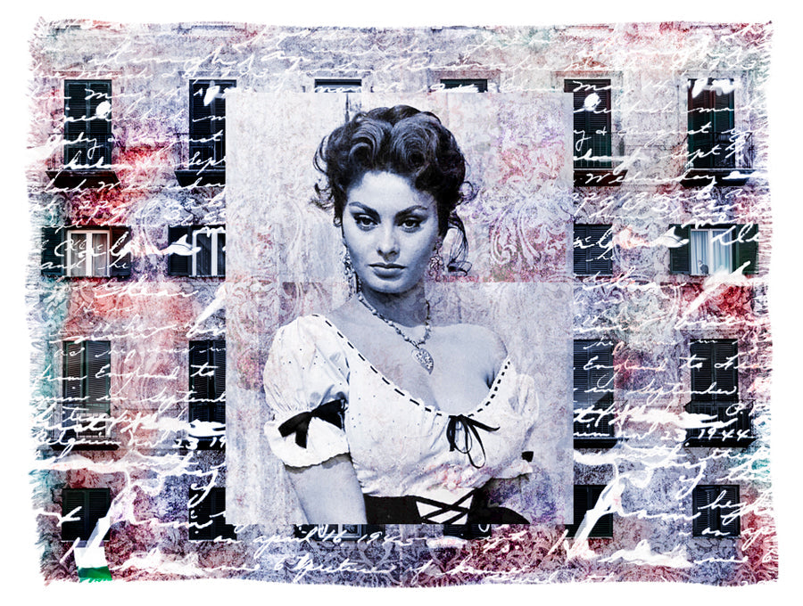 Kim - The Notorious Landlady" by SUZI ROHER features a vintage-style portrait of a glamorous Italian actress in a low-cut dress, layered with handwritten script and textures over blurred building windows.