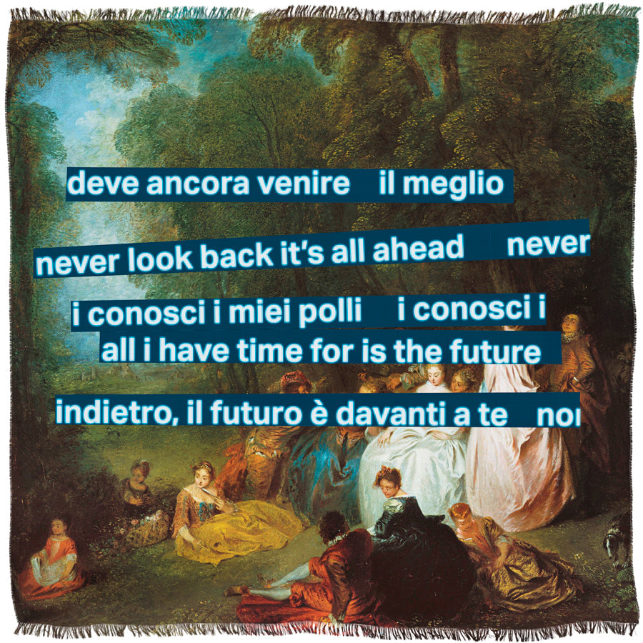 The "Time for the Future" tapestry by SUZI ROHER features a classical forest-edge scene with elegantly dressed figures, overlaid with blue Italian and English text like “never look back” and “il futuro è davanti a te.”.