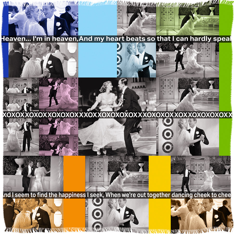 A vibrant collage for SUZI ROHER's "Cheek To Cheek" features Fred Astaire and Ginger Rogers dancing in Top Hat style, blending black-and-white and tinted stills. Lyrics “Heaven… I’m in heaven… dancing cheek to cheek” overlay the image.