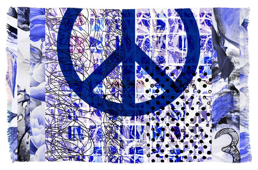 Kim - Peace Of Cake by SUZI ROHER features a blue peace symbol over an abstract, textured background of purple, blue, and white with grid lines, scribbles, polka dots, and floral elements.