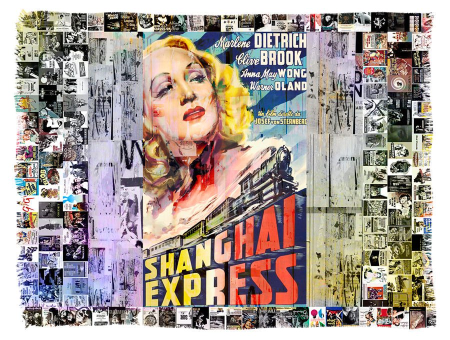 Kim - Marlene Dietrich by SUZI ROHER: a vibrant collage showcases a vintage Shanghai Express poster with Marlene Dietrich's portrait, framed by a mosaic of black-and-white film and pop culture imagery.