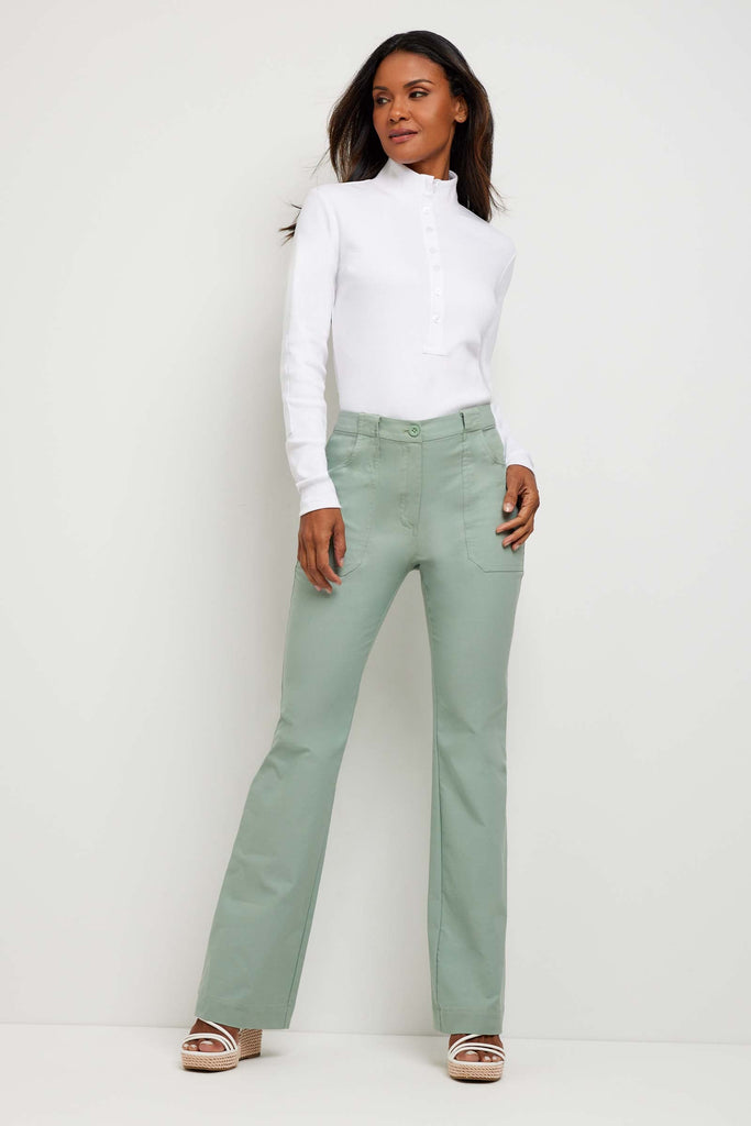The Best Travel Pant. Full Body Front of a Darby Pant in Sage.