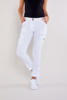 The Best Travel Cargo Pants. Front Profile of the Kate Skinny Cargo Pant in White