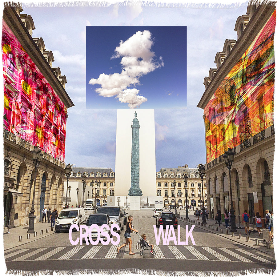 A bustling city square features cars and people crossing the street, vibrant buildings with abstract art, and a central monument beneath a cloudy sky—“CROSS WALK” by SUZI ROHER captures Place Vendome’s elegance.