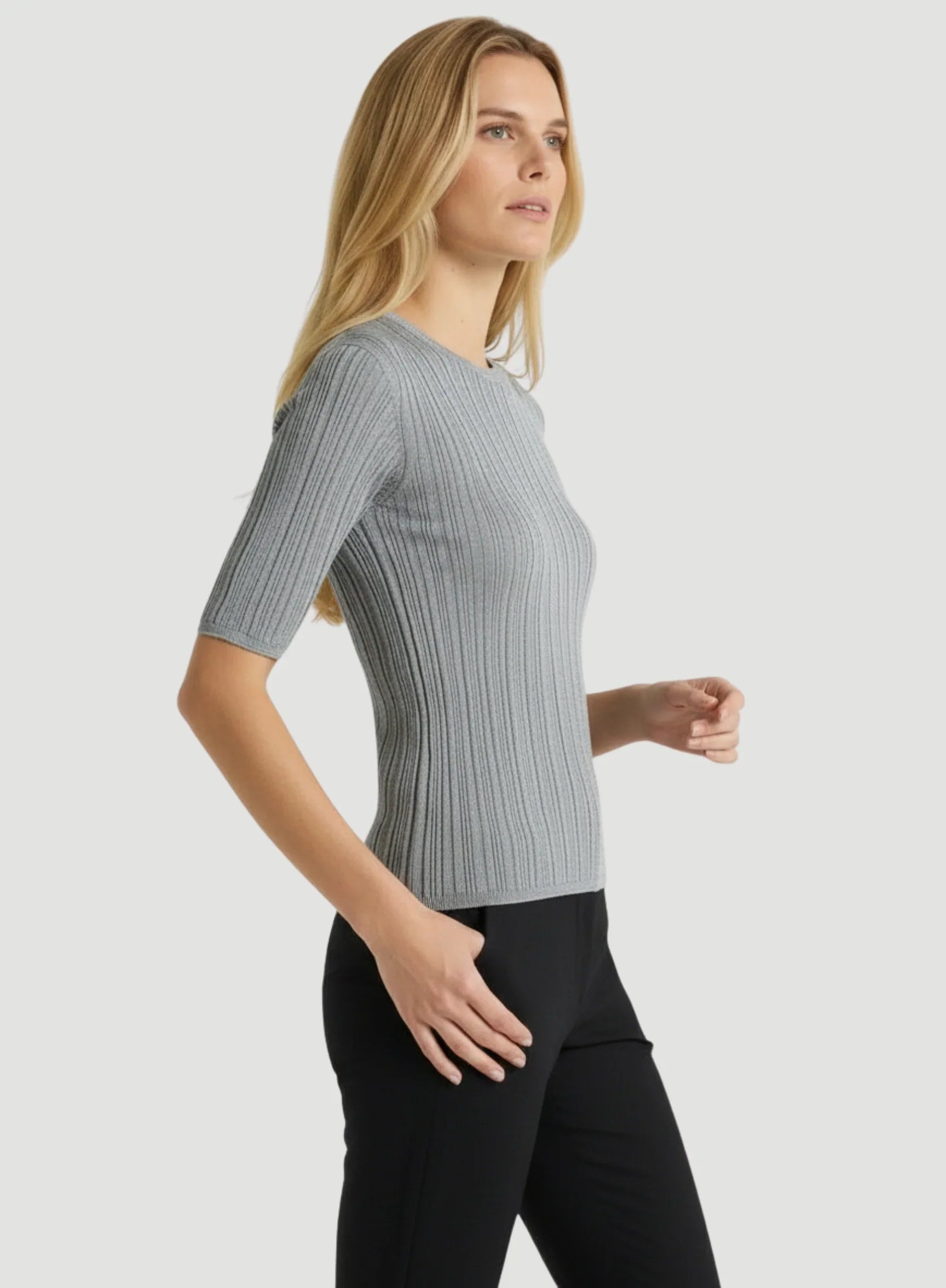 Metallic Micro Rib Knit Elbow Sleeve Crewneck - CREW ELBOW SLV - Majestic Filatures North America