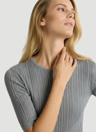 Metallic Micro Rib Knit Elbow Sleeve Crewneck - CREW ELBOW SLV - Majestic Filatures North America