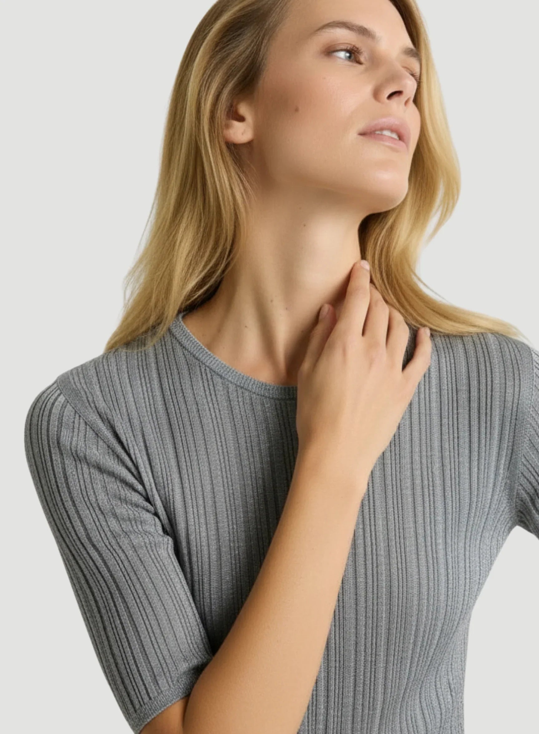Metallic Micro Rib Knit Elbow Sleeve Crewneck - CREW ELBOW SLV - Majestic Filatures North America