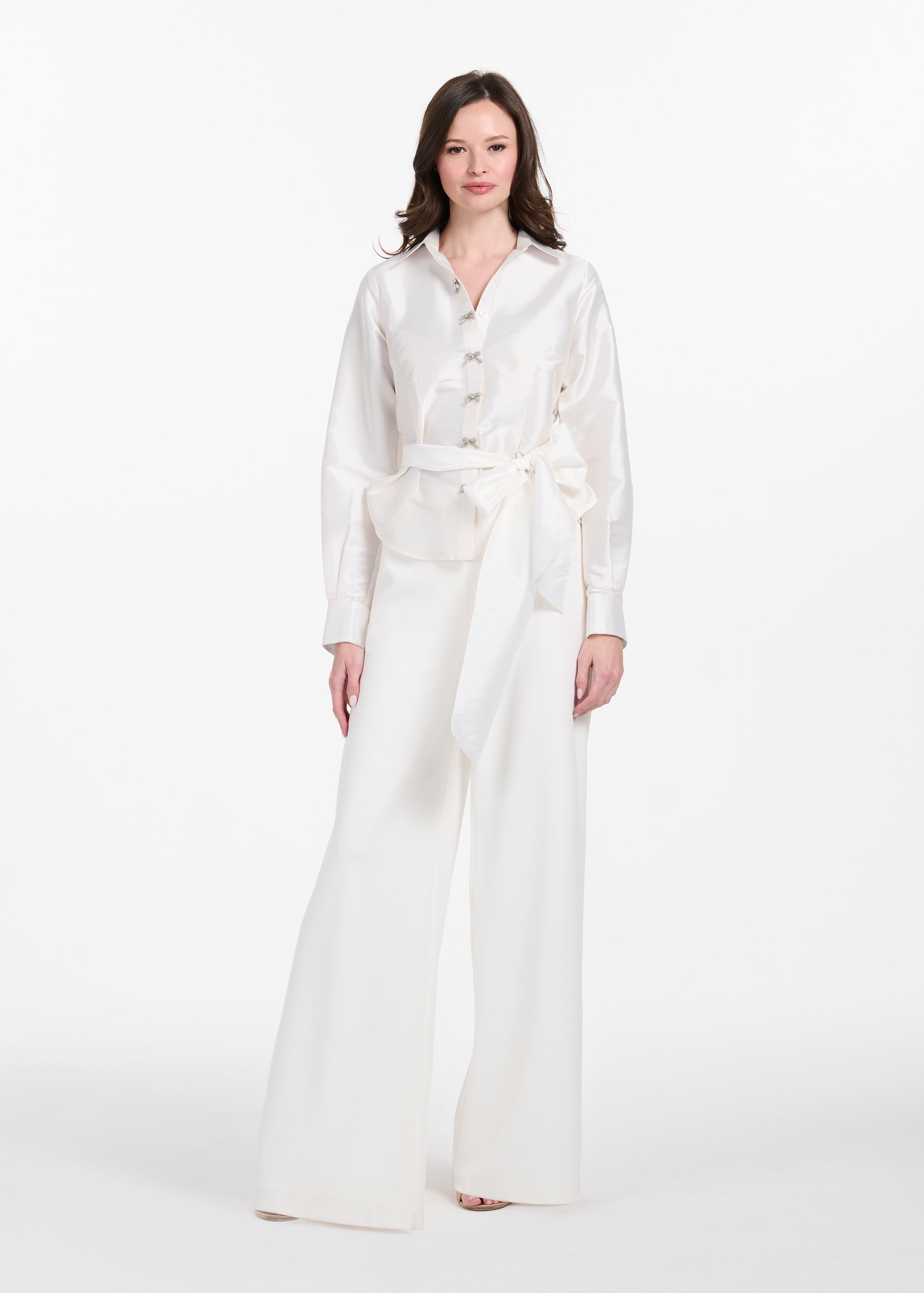 TAFFETA BLOUSE WITH CRYSTAL BOW BUTTONS AND SASH IVORY – Frances Kahn
